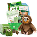 Sloth-themed educational kit with plush toy, books, and activities on a white background