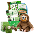 Sloth-themed educational kit with plush toy, books, and chia seed product on a white background