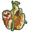 Cartoon sloth hanging from a vine on a white background
