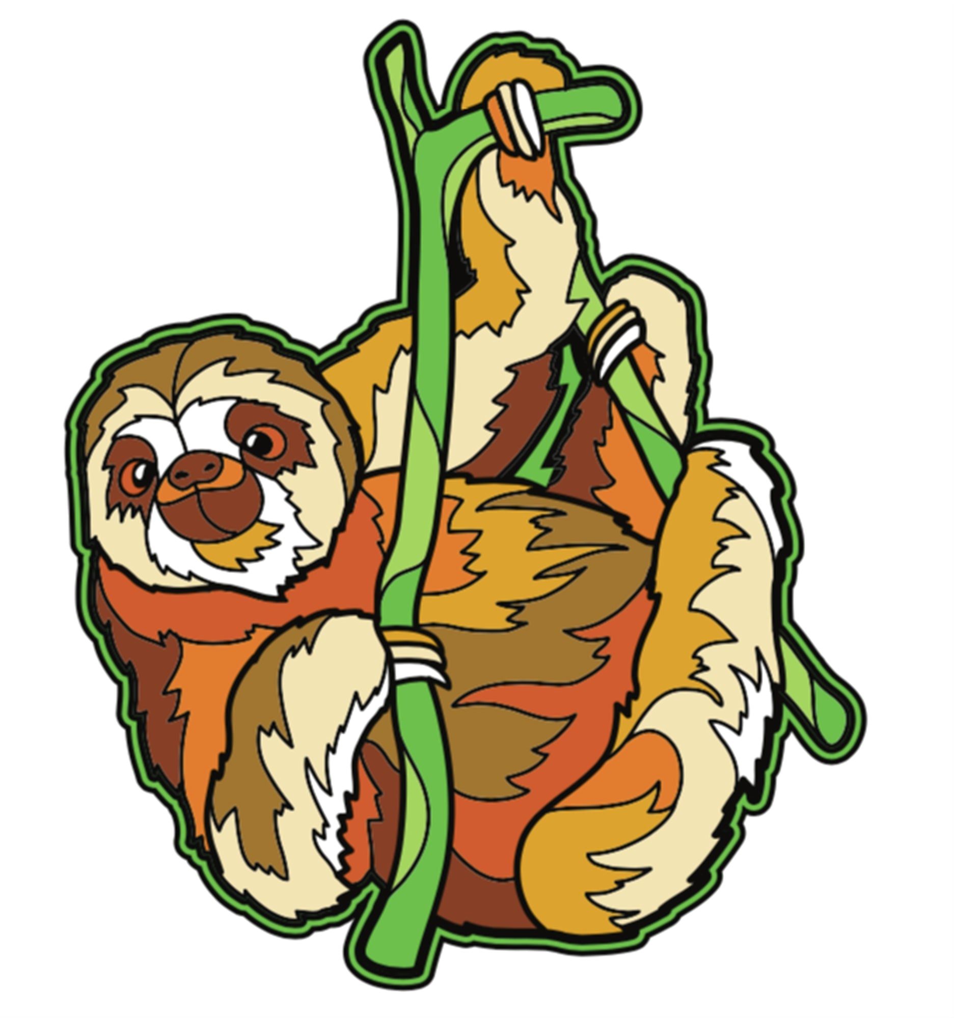 Cartoon sloth hanging from a vine on a white background