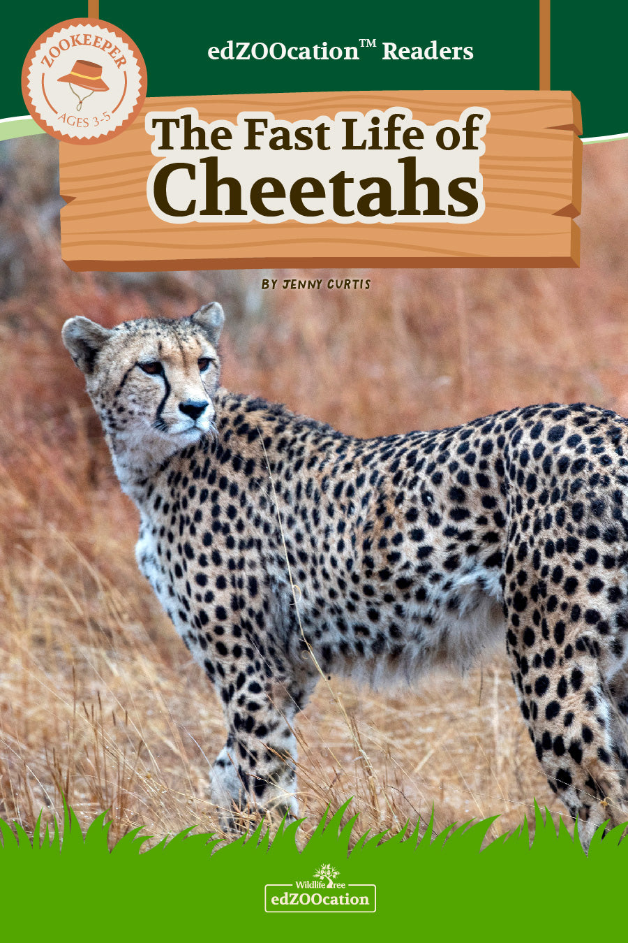 A cover image of a book titled 'The Fast Life of Cheetahs' from the edZOOcation Readers series, featuring a photograph of a cheetah in the wild.
