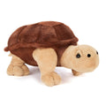 A plush toy resembling a brown tortoise with a soft texture, designed for young children.
