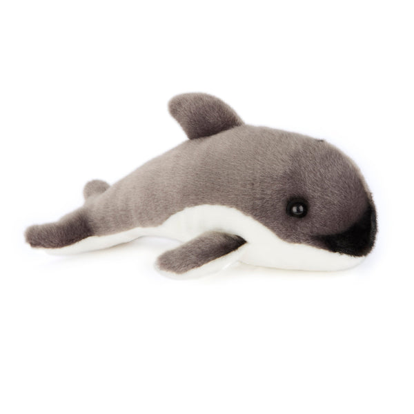 Stuffed animal toy resembling a small porpoise or dolphin, primarily in gray and beige tones.