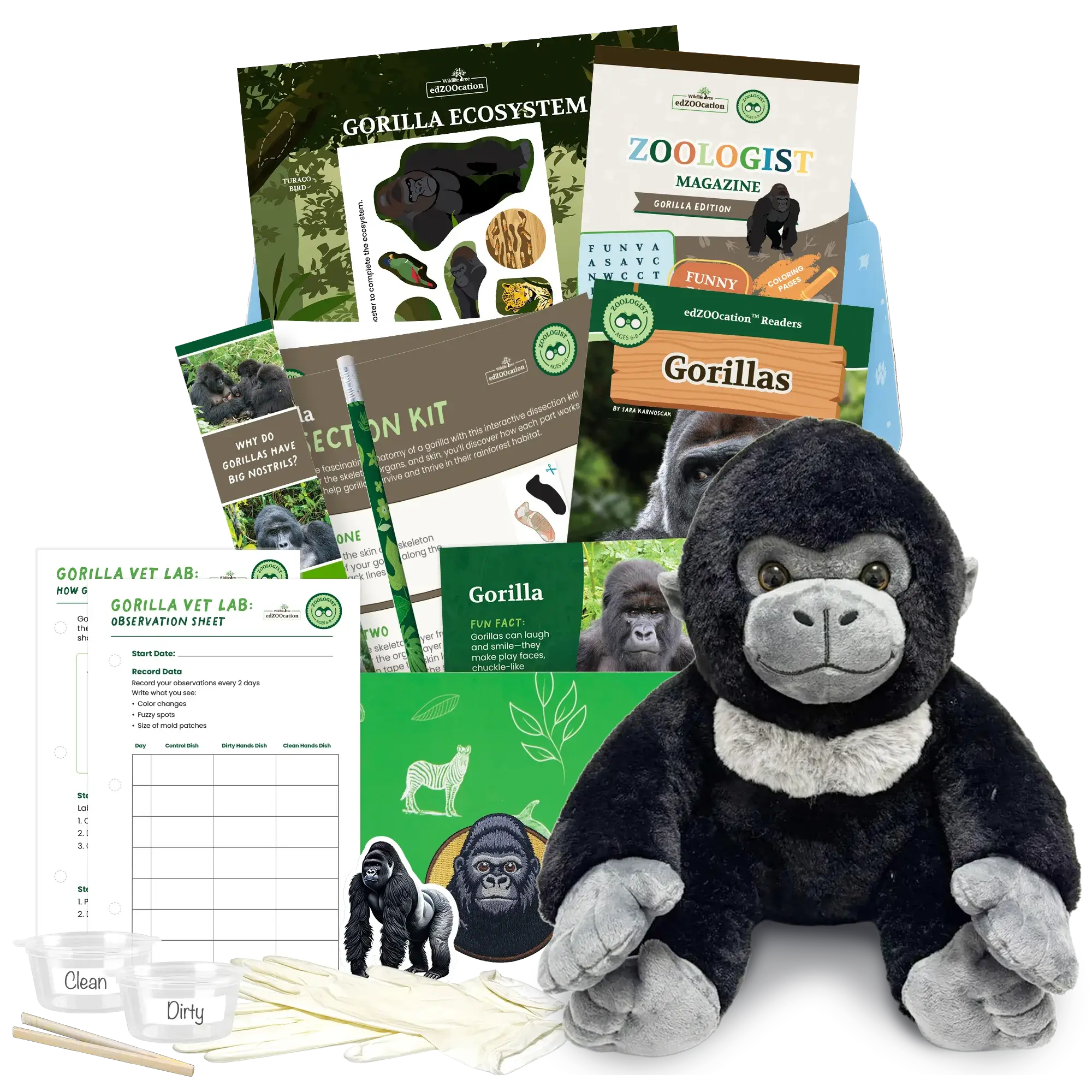 Gorilla-themed educational kit with plush toy, books, and activities on a white background