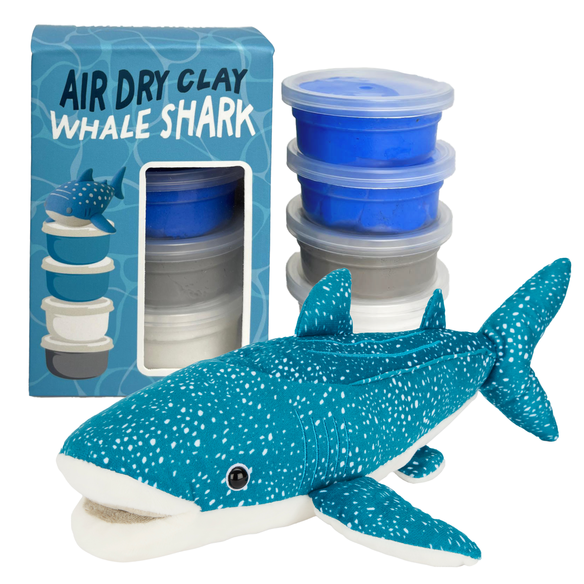 Blue whale shark stuffed animal with air dry clay packaging on a white background