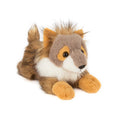 A plush stuffed animal resembling a wolf with a brown and beige color palette.
