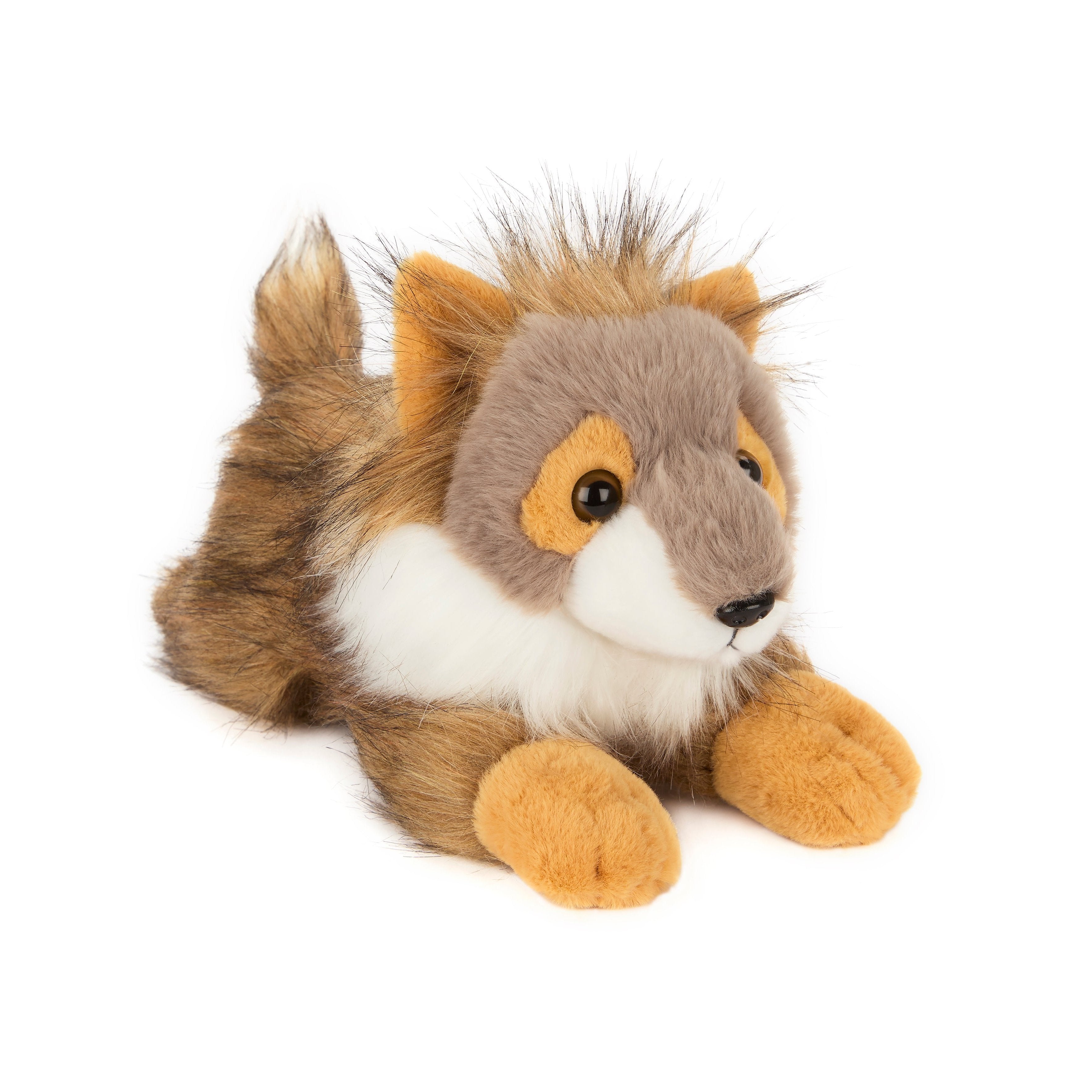 A plush stuffed animal resembling a wolf with a brown and beige color palette.
