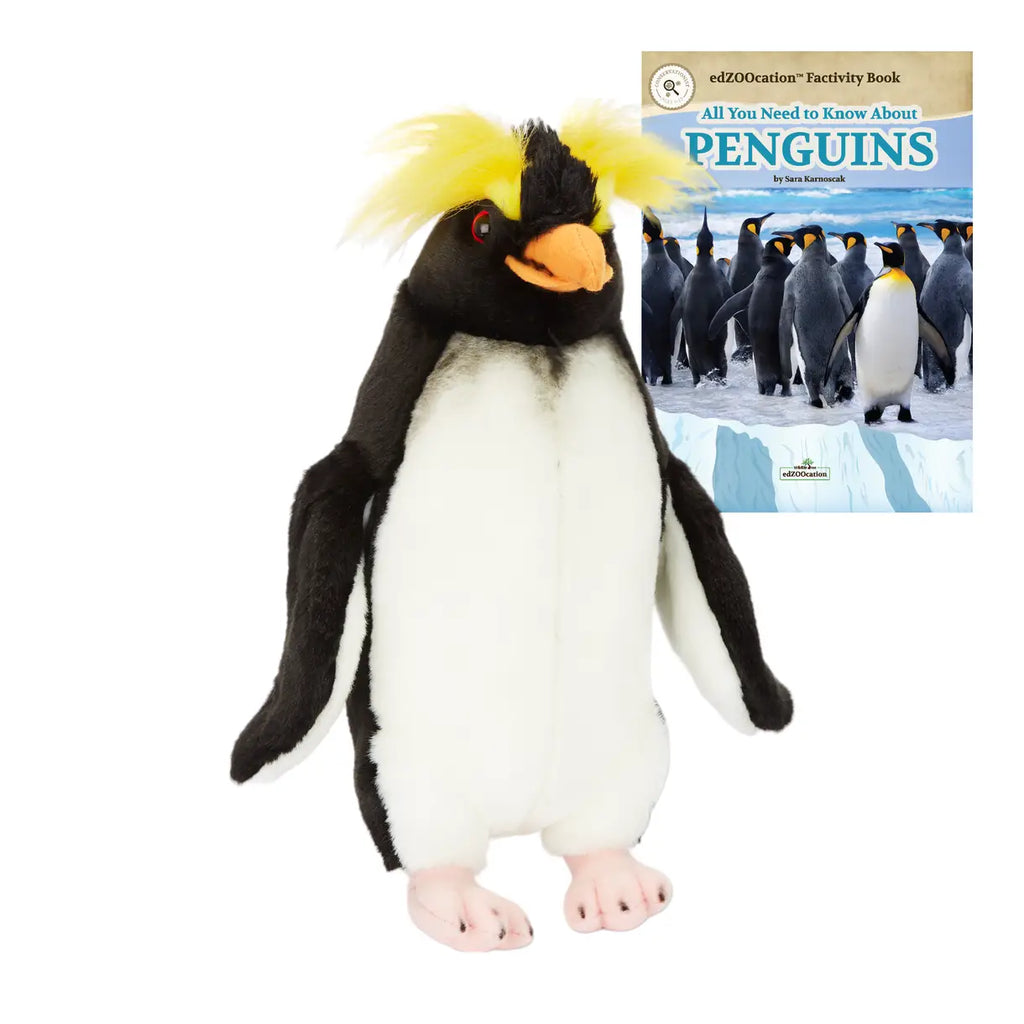 Plush penguin toy with a book titled 'All You Need to Know About Penguins' on a white background
