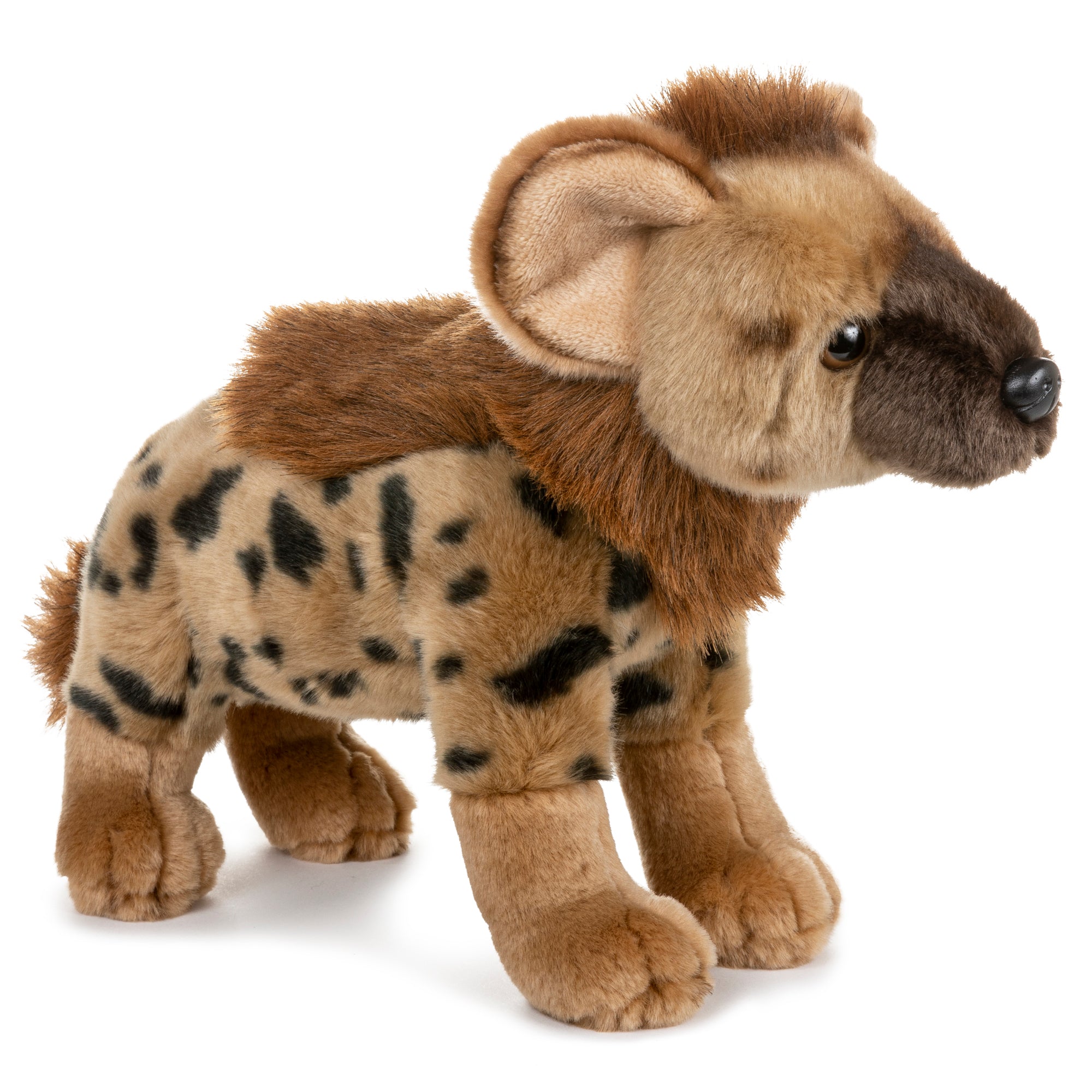 A plush toy representing a hyena, featuring a brown and beige color scheme with black spots, standing upright.